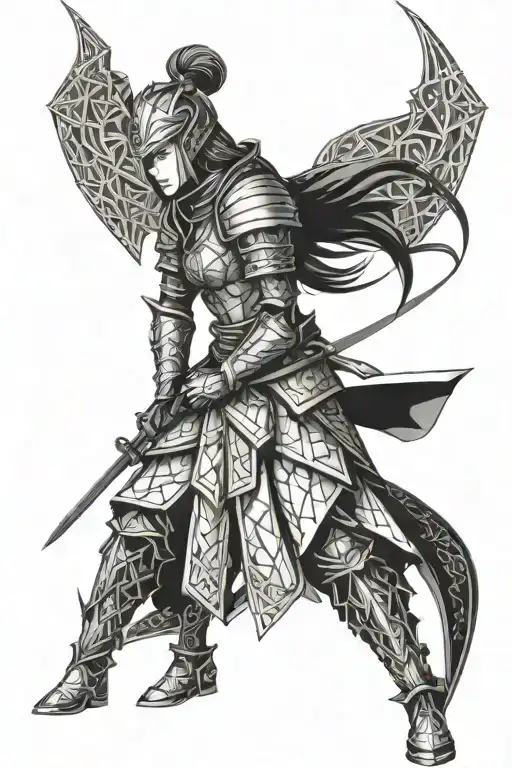 beautiful girl in samurai armor, looking like a medieval knight tattoo design idea