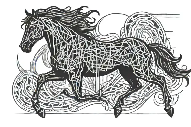 A cardiogram line intertwined with a running horse silhouette tattoo design idea