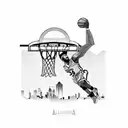 A basketball player praying with the Atlanta skyline in the background tattoo design idea
