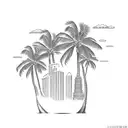 A palm tree made of dollar bills with the Miami skyline behind it tattoo design idea