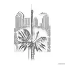 A palm tree made of dollar bills with the Miami skyline behind it tattoo design idea
