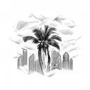 A palm tree made of dollar bills with the Miami skyline behind it tattoo design idea