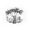 A palm tree made of dollar bills with the Miami skyline behind it tattoo design idea