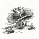 A landscape of rolling hills with a cowboy hat hanging on a cactus tattoo design idea