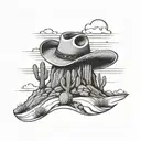A landscape of rolling hills with a cowboy hat hanging on a cactus tattoo design idea