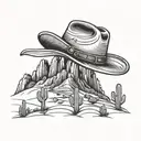 A landscape of rolling hills with a cowboy hat hanging on a cactus tattoo design idea
