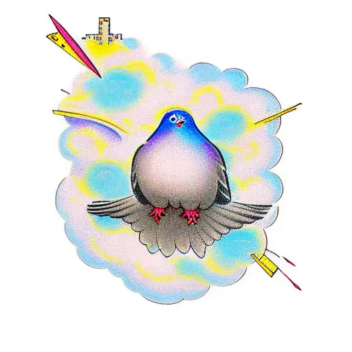 pigeon dropping a bomb that has the equation E=U/loV on a bird cage that has the words fear and judgement on it tattoo design idea