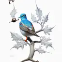 scientific illustration of a passenger pigeon on a white oak branch with leaves and acorns tattoo design idea