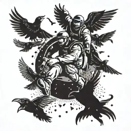 A skydiving scene with a soldier jumping out of a plane, surrounded by crows and mysterious symbols representing philosophy and mysteries tattoo design idea