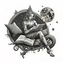 A surreal scene of a woman reading a book under a starry sky, incorporating elements of mythology and cosmic horror tattoo design idea