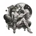 A surreal scene of a woman reading a book under a starry sky, incorporating elements of mythology and cosmic horror tattoo design idea