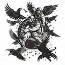 A skydiving scene with a soldier jumping out of a plane, surrounded by crows and mysterious symbols representing philosophy and mysteries tattoo design idea