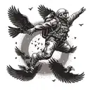 A skydiving scene with a soldier jumping out of a plane, surrounded by crows and mysterious symbols representing philosophy and mysteries tattoo design idea