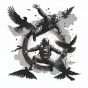 A skydiving scene with a soldier jumping out of a plane, surrounded by crows and mysterious symbols representing philosophy and mysteries tattoo design idea