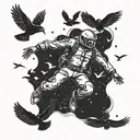 A skydiving scene with a soldier jumping out of a plane, surrounded by crows and mysterious symbols representing philosophy and mysteries tattoo design idea