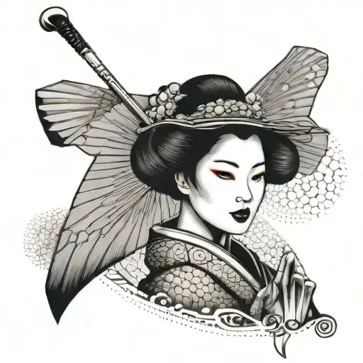 A Japanese geisha holding a golf club, blending the client's fascination with Japan and golf tattoo design idea