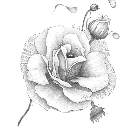 larkspur, poppy,  Lily,  yellow rose bouquet tattoo design idea