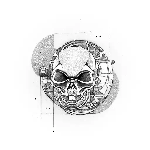 A futuristic cyberpunk cityscape with a skull-shaped moon in the sky tattoo design idea