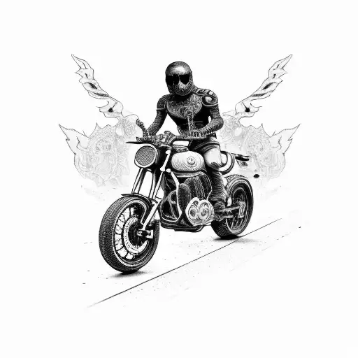 An intricate blackwork tattoo of a motorcycle roaring through a desert landscape with a skull wearing headphones as the rider tattoo design idea