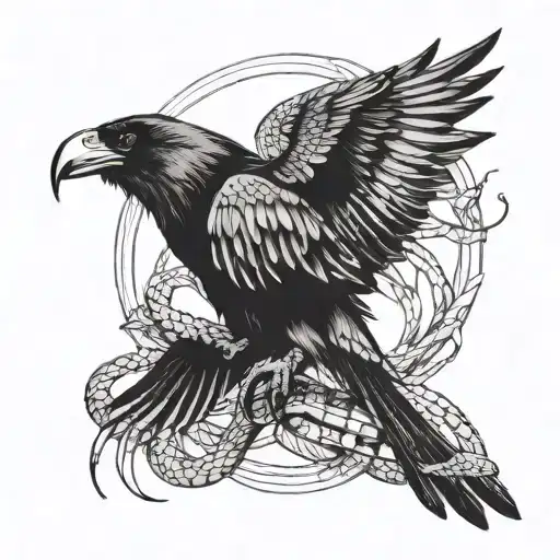 A giant crow with a snake wrapped around its beak tattoo design idea