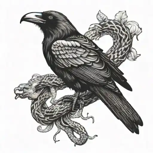 A giant crow with a snake wrapped around its beak tattoo design idea