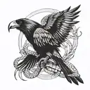 A giant crow with a snake wrapped around its beak tattoo design idea