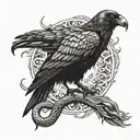 A giant crow with a snake wrapped around its beak tattoo design idea