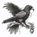 A giant crow with a snake wrapped around its beak tattoo design idea