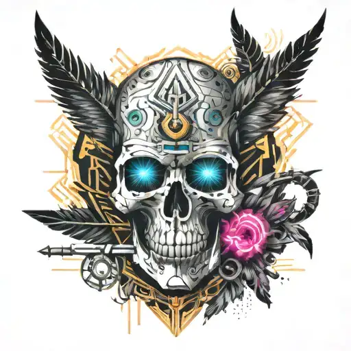 skull feather vicking style tattoo design idea