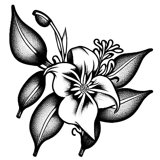 Bouquet with bells of Ireland, Aster, calla lily, chrysanthemum, clematis, iris and a Hydrangeas tattoo design idea