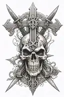 a skull with two swords above its head intertwined forming an X and a cross on top of the swords tattoo design idea