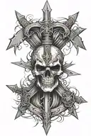 a skull with two swords above its head intertwined forming an X and a cross on top of the swords tattoo design idea