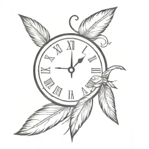 BROKEN CLOCK WITH FEATHERS AND TIMEPIECE tattoo design idea