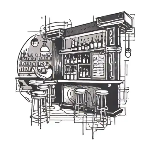 A korean style bar scene with neon lights and music notes tattoo design idea