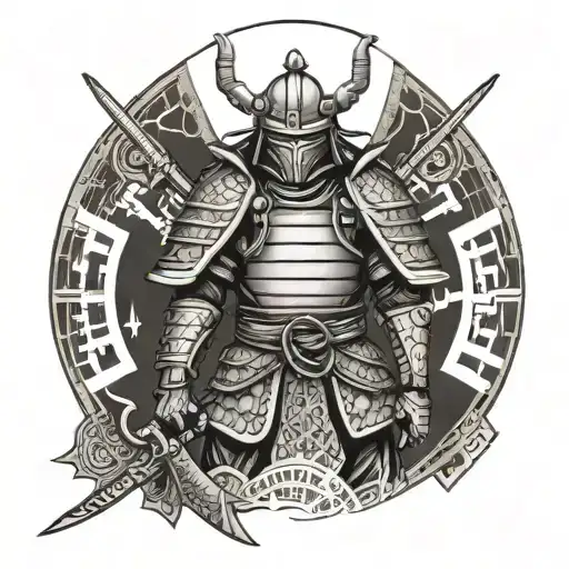 A samurai wearing Japanese armor, rendered in steampunk style geometric shapes tattoo design idea