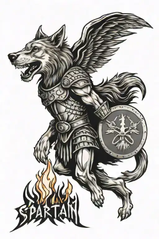 A Spartan warrior holding a shield with a wolf emblem, surrounded by flames, showcasing a love for history and the outdoors tattoo design idea