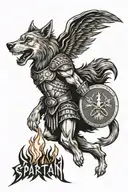 A Spartan warrior holding a shield with a wolf emblem, surrounded by flames, showcasing a love for history and the outdoors tattoo design idea