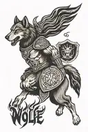 A Spartan warrior holding a shield with a wolf emblem, surrounded by flames, showcasing a love for history and the outdoors tattoo design idea