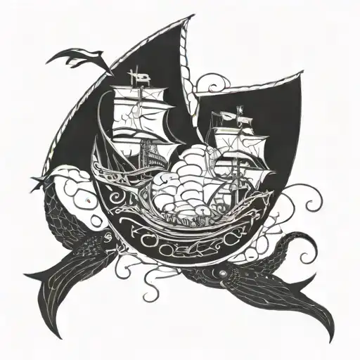 viking ships and fish webs surrounding tattoo design idea