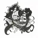 viking ships and fish webs surrounding tattoo design idea