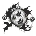 viking ships and fish webs surrounding tattoo design idea