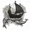 viking ships and fish webs surrounding tattoo design idea