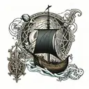 viking ships and fish webs surrounding tattoo design idea