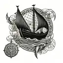 viking ships and fish webs surrounding tattoo design idea