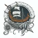 viking ships and fish webs surrounding tattoo design idea