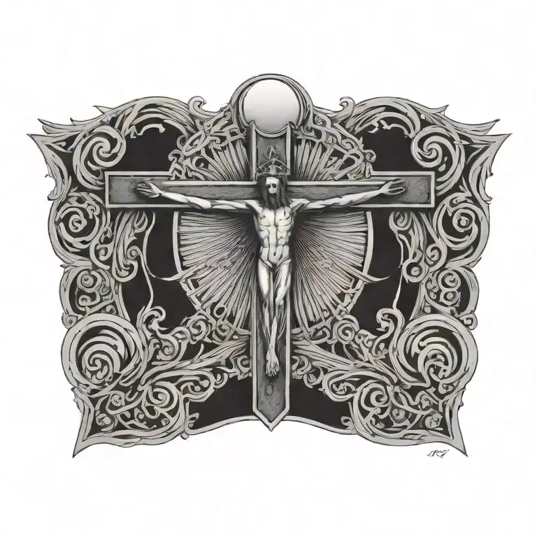 crucifix, waves, 13, death tattoo design idea