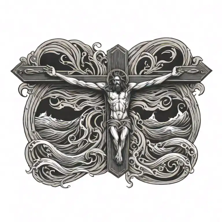crucifix, waves, 13,  tattoo design idea