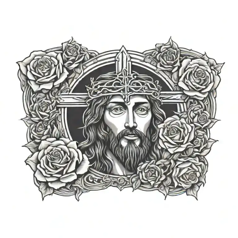 jesus, roses, death tattoo design idea