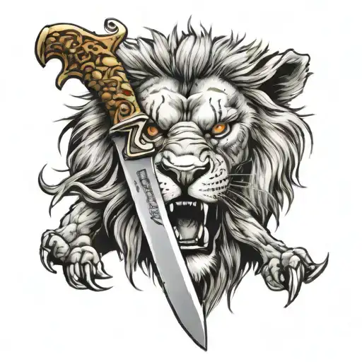 knife with fu lion  tattoo design idea