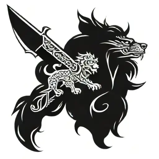 dagger with Chinese guardian lion  tattoo design idea